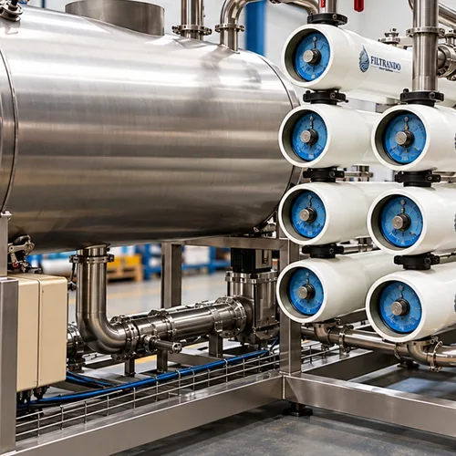 Sistema de osmose reversa fabricado pela Filtrando, com dosagem química e bombas, na fábrica
