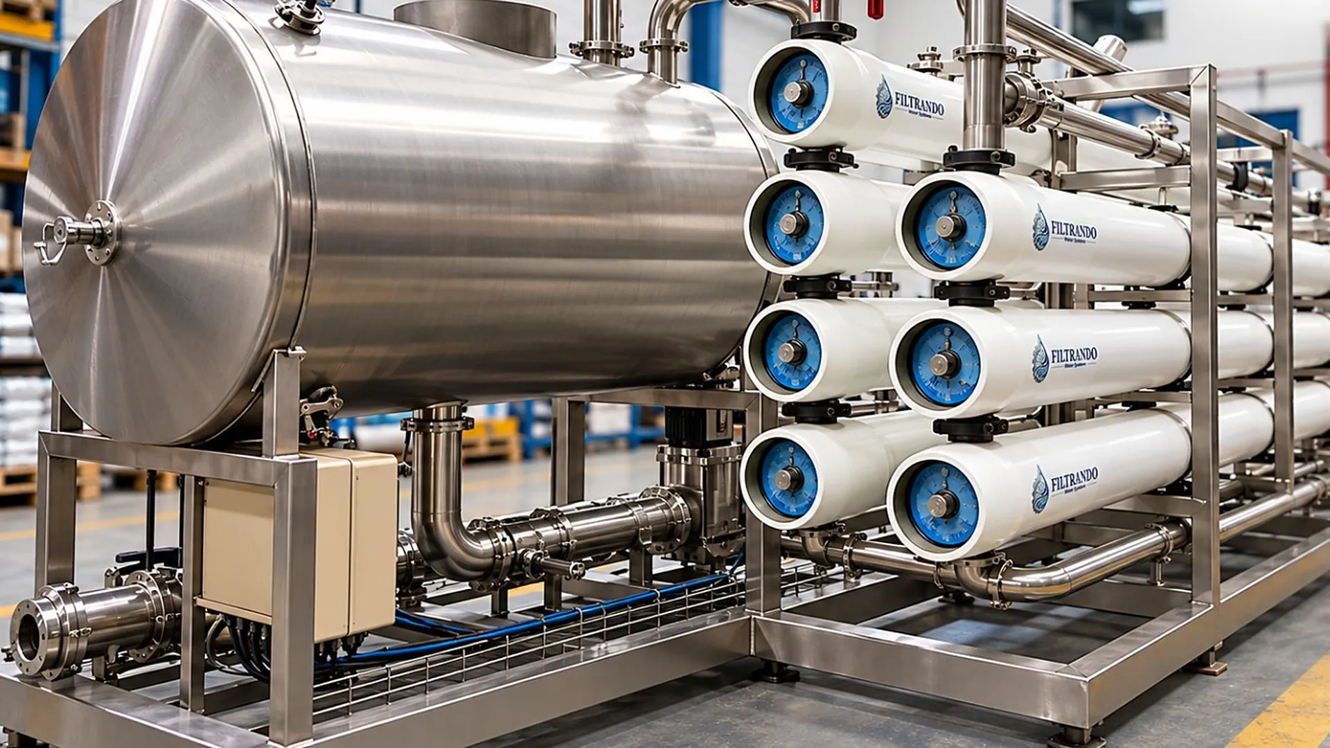 Sistema de osmose reversa em aço inox fabricado pela Filtrando para tratamento de águas em data centers