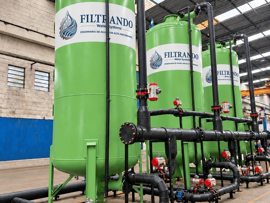 Sistema industrial de polimento de água por Leito Misto Mixed Bed 500 m³/h desenvolvido pela Filtrando Engenharia para refinaria